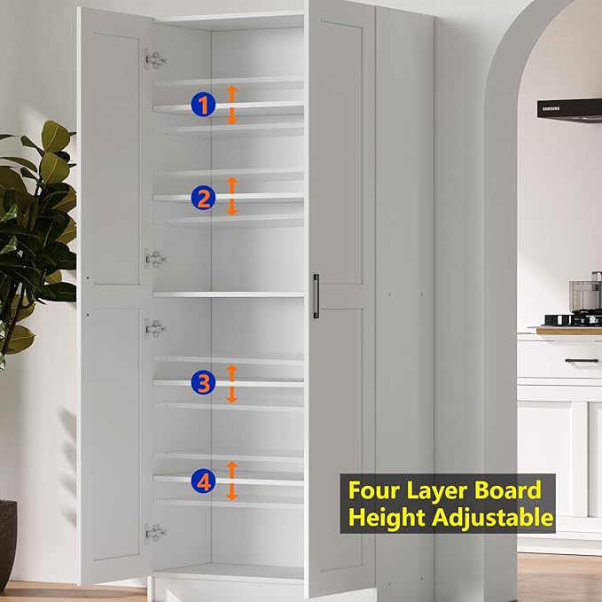 White Tall Kitchen Pantry Cabinet Organizers and Storage with Doors and Adjustable Shelves，Wood Large Gabinetes Para Cocina Office Bookshelf for Laundry Room Cabinets (31.5”W*15.7”D*71”H)