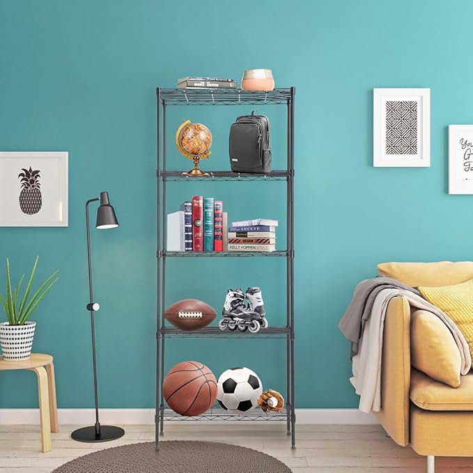 BestOffice | 5-Tier Wire Storage Shelves | 14x24x60 | Black | with Adjustable Racks | Heavy-Duty Metal Shelf, Holds Upto 750 lbs | No-Tool Assembly | Ideal for Home & Garage Shelving
