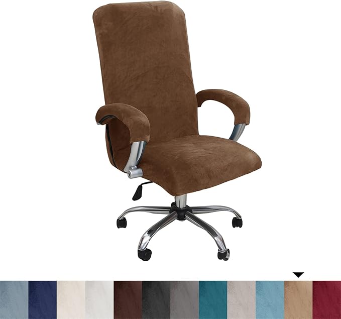 Velvet Plush Stretchable Office Desk Chair Cover - Cat Proof Elastic Comfy Protector for Ergonomic Office Chair with Wheels and Armrests, Fits Mesh and Executive Office Chairs, Removable, Brown, XL