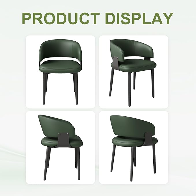 Modern Dining Chairs Set of 2, Faux Leather Upholstered Kitchen Chairs with Curved Back and Metal Legs, Mid Century Chairs for Dining Room, Kitchen, or Café (Green)