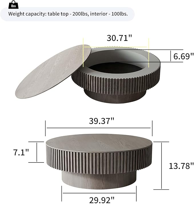 39'' Large Round Coffee Table with Storage, Fluted Coffee Table with Solid Wood Veneered, Mid Century Modern Wooden Center Table, Accent Tea Table for Living Room Apartment, Grey