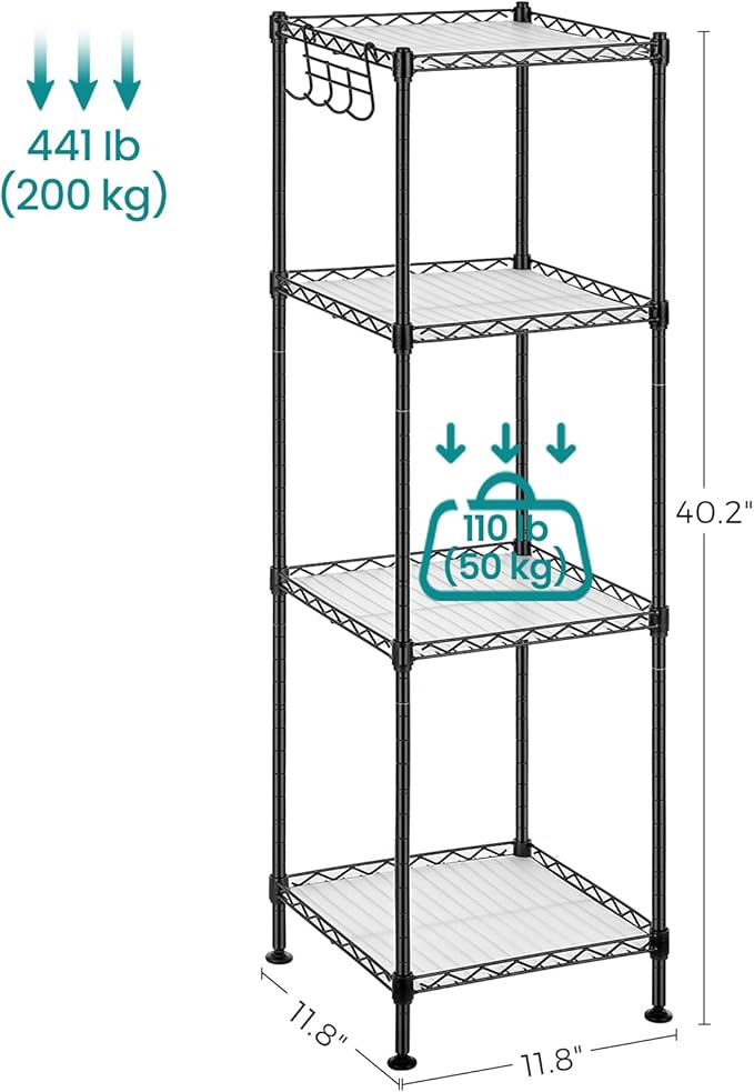 SONGMICS 4-Tier Bathroom Shelf, Storage Rack for Small Space, with 4 PP Shelf Liners, Removable Hook, Extendable Design, Ink Black and Translucent ULGR104B01