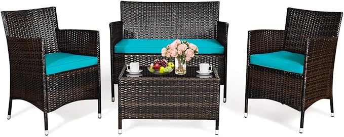 Tangkula 4 Pieces Patio Rattan Conversation Set with Tempered Glass Coffee Table & Thick Cushion, Wicker Chair Set for Garden, Lawn, Poolside and Backyard