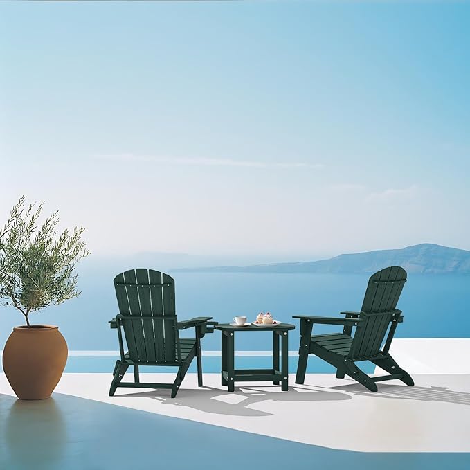 Plawdlik Folding Adirondack Chair, SGS Tested, Wooden Textured with Cup Holder, Heavy All-Weather HDPE Comfortable Set Poolside Backyard Lawn Green