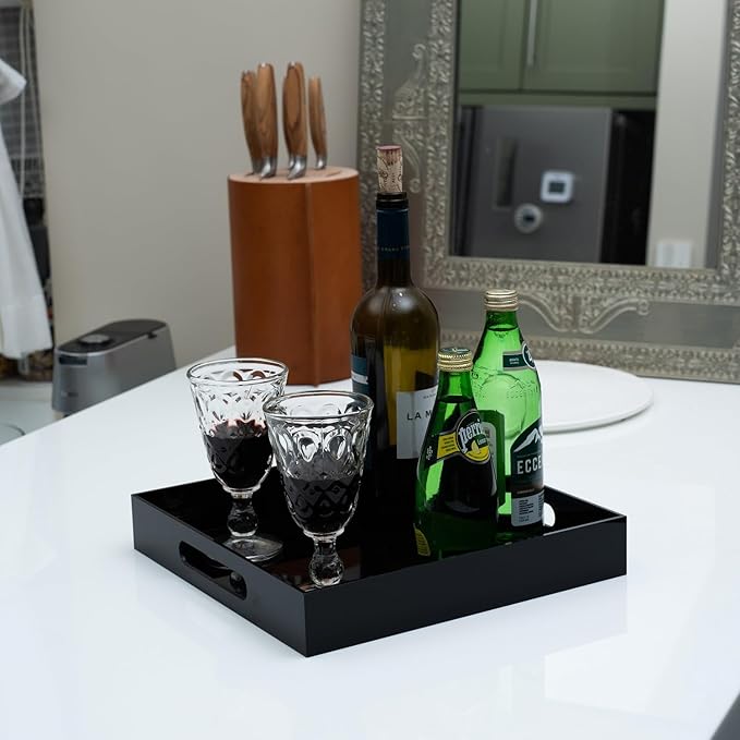 Glossy Black Acrylic Serving Tray with Handles 12x12 Inch -Spill Proof- Decorative Trays Countertop Organizer for Ottoman,Nightstand, Sidetable, Butler (12X12 Inch, Black)