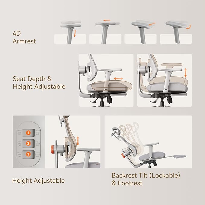 Newtral Ergonomic Office Chair - Home Office Desk Chair with Adaptive Lumbar Support, with Footrest, 4D Armrest, Adjustable Seat Depth & Height