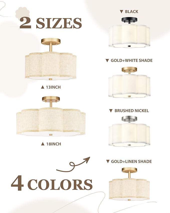 Gold Semi Flush Mount Ceiling Lights, 3-Light 12.5" Light Fixtures Ceiling Mount with Linen Fabric Drum Shade in Flower Shape for Nursery Hallway Bedroom Kitchen, AD-22007-3SF-GD-B
