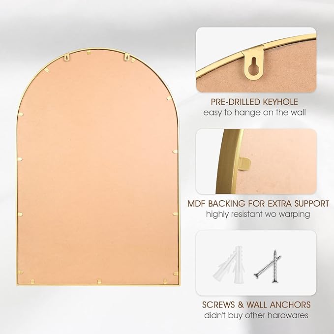 Arched Wall Mirror for Bathroom, 30"x40" Metal Beaded Frame Decorative Accent Mirror, Large Modern Distressed Hanging Wall Decor for Washroom, Bedroom, Living Room, Entryway, Antique Gold