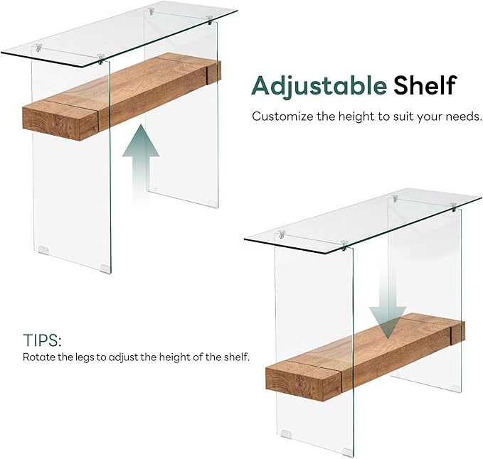 ivinta Glass Console Table with Storage, 39.4" Modern Narrow Entryway Table for Living Room, Entrance, Hallway or Bedroom 5101 (Natural Wood)