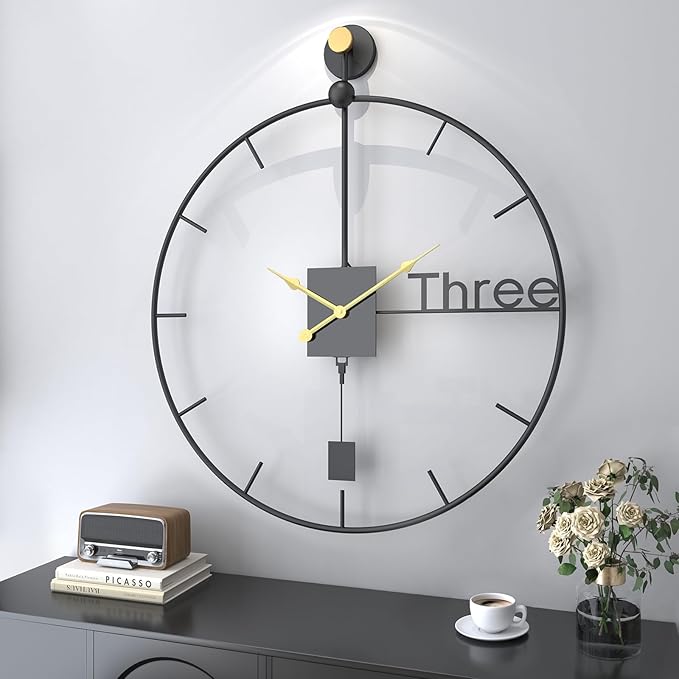 Extra Large Wall Clock 36 inch Battery Operated Wall Clock with Pendulum, Modern Silent Non-Ticking Metal Clock for Living Room Decor, Decorative Hanging Clock for Bedroom, Office, Kitchen, Home