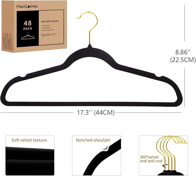ManGotree Velvet Coat Hangers with 360° Swivel Gold Hook, Non-Slip Felt Suit Hangers, Slim Space Saving Clothes Hanger for Jacket, Sweater, Shirt, Dress, Pants (48 Pack, Black)