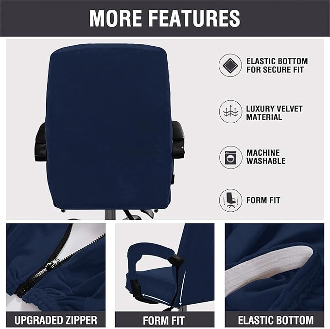 Velvet Plush Stretchable Office Computer Chair Cover - Cat Proof Protector for Ergonomic Office Desk Chair with Wheels and Armrest, Fits High Back Wide Mesh Executive Chairs, Navy Blue, XL