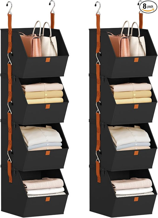 Hanging Closet Organizer 4 Tier - Clothes Hanging Shelves, Space-Saving Closet System, Fabric Storage Bins Bedroom Organization, Collapsible Baskets for Home, Dorm, Rv, Black, 2 Pack