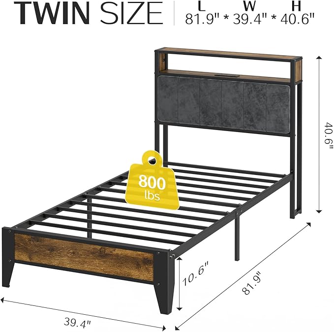 OLEVS Twin Bed Frame with LED Light Storage Headboard and Charging Station Type C, Metal Platform Bed Twin Size,No Box Spring Needed, Noise Free, Easy Assembly
