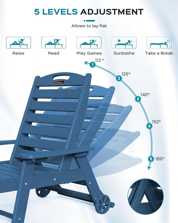 Outdoor Lounge Chair Set of 4, All Weather Patio Chaise Lounge Chair for Outside, HDPE Chair with Rolling Wheels & Cup Holder, 5 Position, Deck, Pool, Navy Blue