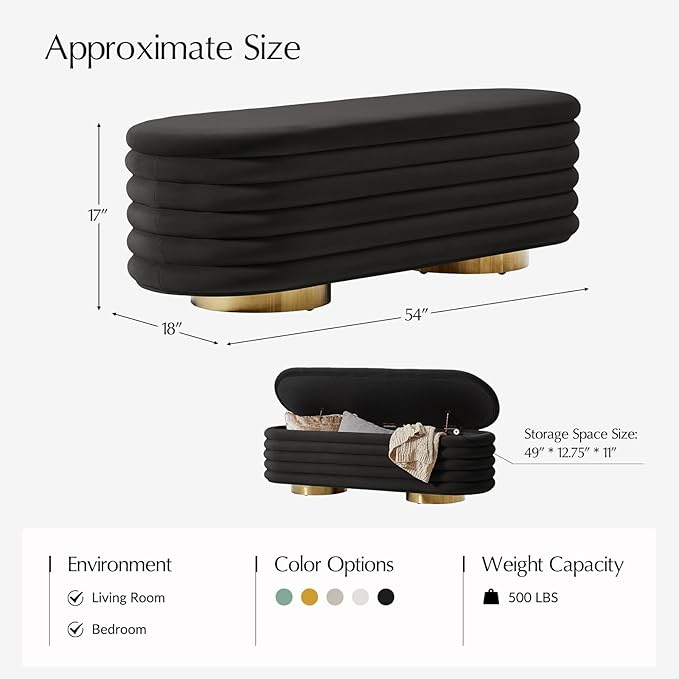 HULALA HOME Velvet Storage Bench, Large Upholstered Ottoman Bench with Button Tufted Design for Living Room, Bedroom, Entryway, or Window, End of Bed Bench with Shoe Storage, Modern Home Decor, Black