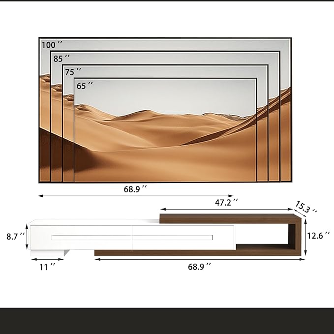 80’’-115’’ Extendable TV Stand for 120 Inch TV, Walnut Wood Modern Entertainment Center, Rectangle TV Console Table, Extendable, White