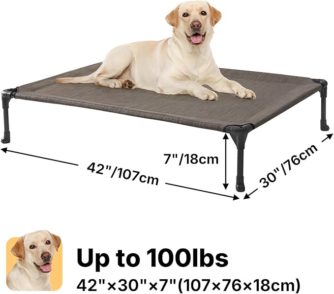Veehoo Outdoor Elevated Dog Cot Bed, Cooling Raised Pet Bed for Large Dogs, Washable Breathable Mesh Hammock Bed with No-Slip Feet, Indestructible Ground Off Training Platform Cot-42"x30" Brown