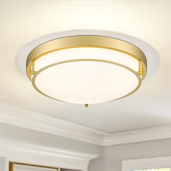 16" Flush Mount Ceiling Light, Farmhouse Style, Frosted Glass Shade,Brass Gold, for Living Room, Bedroom, Dining – CKCL4822-3W-BB