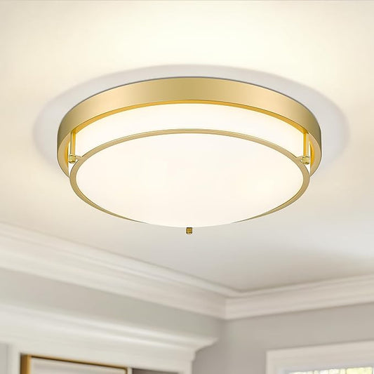 16" Flush Mount Ceiling Light, Farmhouse Style, Frosted Glass Shade,Brass Gold, for Living Room, Bedroom, Dining – CKCL4822-3W-BB