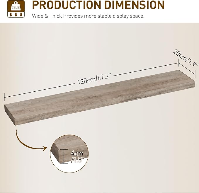 Floating Shelves for Wall, 1.5" Thick Wall Shelf Set of 3 with Invisible Brackets, L47.2 x W7.9 Hanging Book Shelves Farmhouse Home Decor for Bathroom, Living Room, Bedroom, Greige 12301BJP3BG