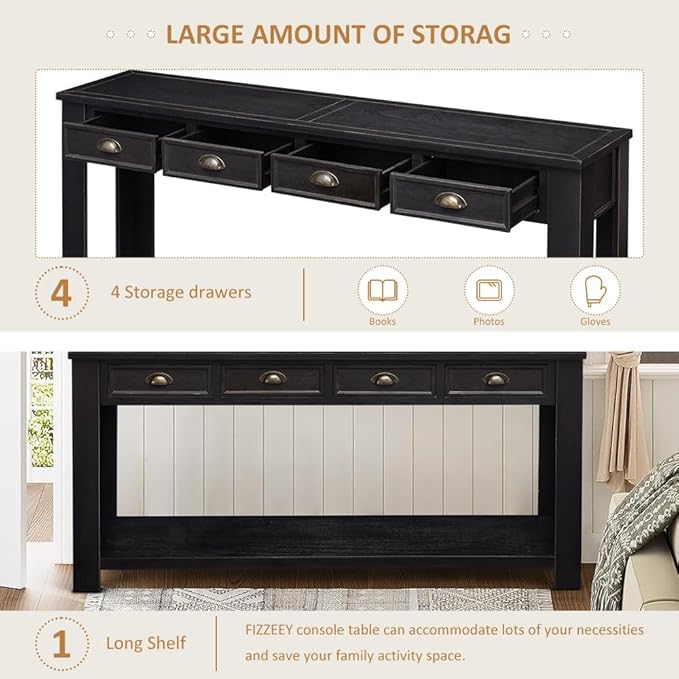 Console Table for Entryway, 60 Inch Sofa Table Narrow Long Hallway Table, ConsoleTable w/4 Drawers and Bottom Shelf for Living Room Entryway Home,Kitchen Counter,Black