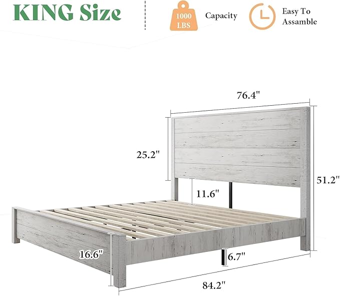 AMERLIFE King Size 51.2" Wood Bed Frame, Rustic Platform Bed with Spliced Headboard, Wood Slats Support/No Box Spring Needed/Noiseless/Antique White
