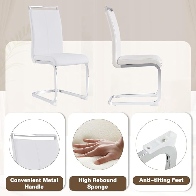 Glass Dining Table Set for 4,Rectangle Dinner Table with 4 White Leather Kitchen Chairs,51 in Kitchen Room Dining Set,0.31” Tempered Glass Table Top with Silver Metal Legs,4 Dining Chairs