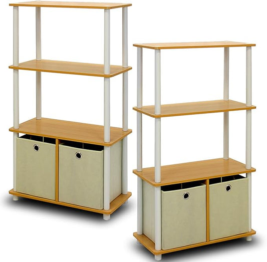 Furinno Go Green 4-Tier Multipurpose Storage Rack Shelving Unit with Bins (Set of 2), Beech