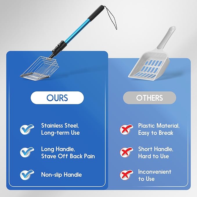 Cat Litter Scoop Long Handle: 22"-40.5" Extendable Metal Cat Poop Scooper with Deep Shovel for Litter Box Durable Heavy Duty Cat Litter Shovel for Easy Sifting