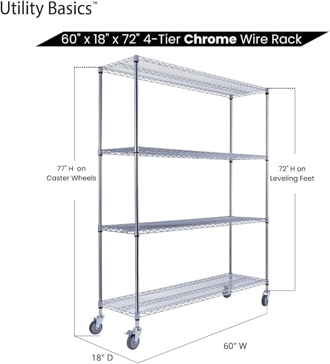 NSF Commercial 4-Tier Wire Shelving with Wheels, 60"x18"x72" Heavy Duty Metal Shelves 3200 lbs Max Capacity, Chrome Storage Rack for Garage Kitchen Pantry Warehouse