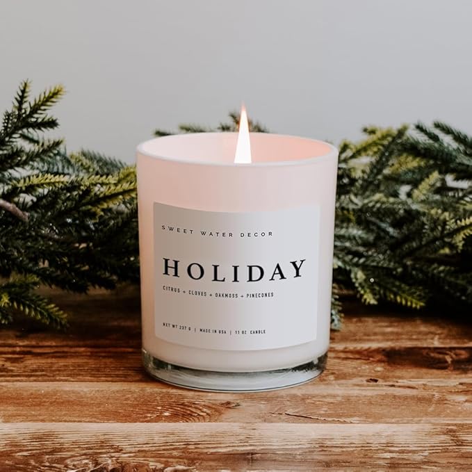 Sweet Water Decor Holiday Soy Candle - Citrus, Cloves, Black Dahlia Petals, Pine Cones and Oakmoss Holiday Scented Candles for Home - 11oz White Jar + Wood Lid, 50+ Hour Burn Time, Made in The USA