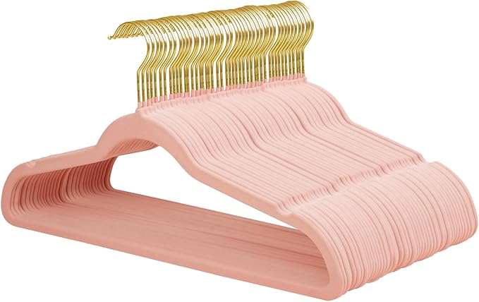 ManGotree Velvet Coat Hangers with 360° Swivel Gold Hook, Non-Slip Felt Suit Hangers, Slim Space Saving Clothes Hanger for Jacket, Sweater, Shirt, Dress, Pants (48 Pack, Light Pink)
