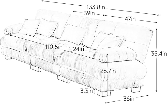 133.8" Oversized Couch, 3 Seater Modular Sectional Sofa, Pink Large Fluffy Chenille Cloud Couch with 5 Pillows, Deep Seat Sofas for Living Room
