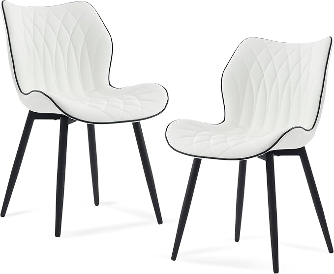 Kidol & Shellder White Dining Chairs Set of 2 Modern Kitchen Chairs with Back Armless Accent Chairs for Living Room Upholstered Faux Leather Chair Mid Century Comfy Side Chair with Metal Legs