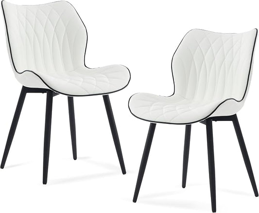 Kidol & Shellder White Dining Chairs Set of 2 Modern Kitchen Chairs with Back Armless Accent Chairs for Living Room Upholstered Faux Leather Chair Mid Century Comfy Side Chair with Metal Legs