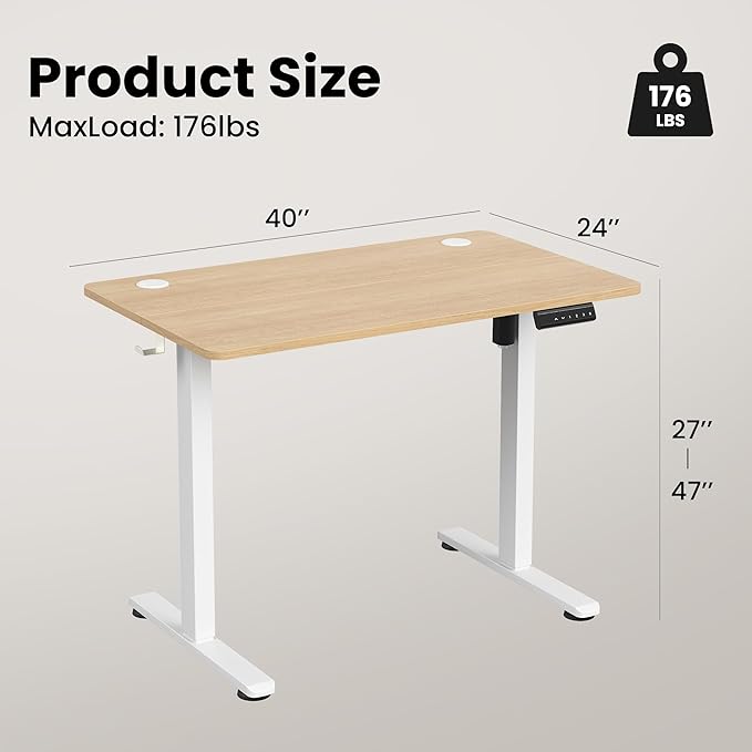 Casaphoria 40 x 24 inches Electric Standing Desk, Sit to Stand Desk with Memory Height Adjustment, Home Office Computer Desk for Writing and Games, Oak