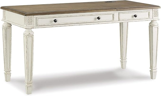 Signature Design by Ashley Realyn French Country 60" Home Office Lift Top Desk with USB Charging, Chipped White