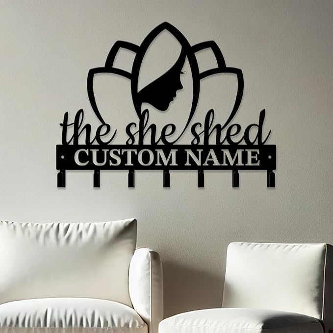 Personalized She Shed Keys Hooks,Custom Name Metal She Shed Art Keys Hooks,Metal She Shed Lover Wall Home Storage Decorative Keys Hooks,Key Holder Hooks for Wall (Style D)