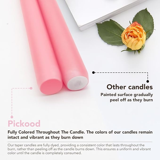 New Burning Formula Unscented Dripless 12-Inch Taper Candles Set of 12 - Pink, for Wedding, Dinner - Smokeless, Long Burning - Hand Poured, Colored Tall Candlesticks - Rosa