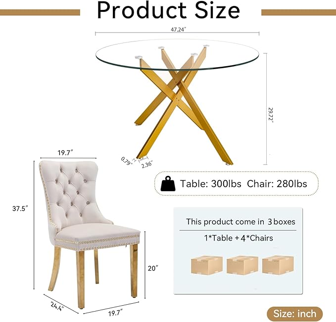 Goujxcy Round Dining Table Set for 4, Modern Glass Kitchen Table and Chairs Set of 4, 5-Piece Dining Room Table Set w/47 Circle Gold Glass Dining Table and 4 Upholstered Velvet Chairs