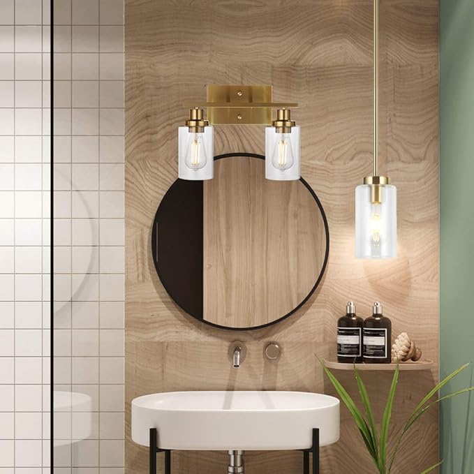 MELUCEE 2-Light Wall Sconce Brushed Brass Vanity Light Fixture Modern Style with Clear Glass Shade for Bathroom Hallway Bedroom Living Room Kitchen