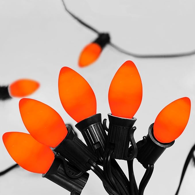 SUNSGNE C7 Halloween Orange String Lights 25FT Outdoor String Lights with 27 5W Orange Glass Bulbs(2 Spare) for Patio Garden Roofline Backyard Decorations, Black Wire