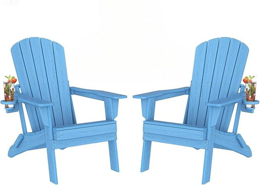 Plawdlik Folding Adirondack Chair Set of 2 with Cup Holder,Heavy All-Weather,Wooden Textured,HDPE Outdoor Chairs, Patio Backyard Fire Pit, Light Blue