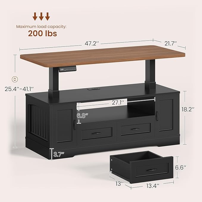 SEDETA 47.2" Electric Standing Coffee Table with Storage, Farmhouse Lift Top Coffee Table with Drawers and Open Shelves, Height Adjustable Tables with Power Outlet, for Living Room, Black