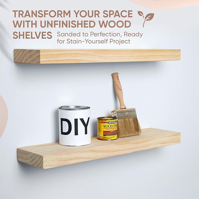 Homeforia 24 inch Wood Floating Shelves, High End Solid Natural Wood 24inch Floating Shelf for Wall, Unfinished Wooden 24 inches Floating Shelves, Heavy Duty Bracket, 24 X 6.5 X 1.75 in, Set of 4