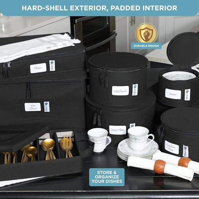 Hard Shell China Storage Containers 8-Piece Set Moving Boxes for Dinnerware, Glasses, Plates, Mugs and Saucers Sturdy Dish Organizer with Dividers for Seasonal Storage - Service for 12 - Black