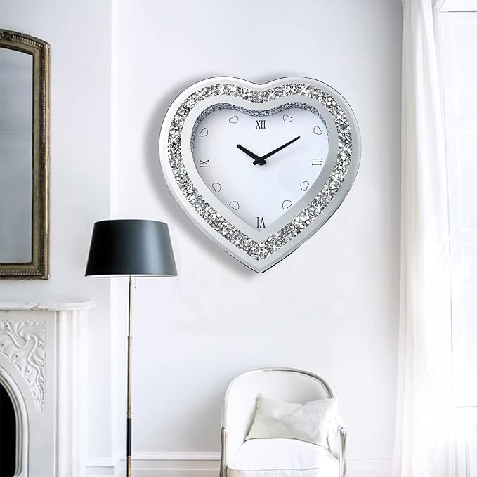 Wall Clock, Heart-Shaped Mirror Wall Clock, Cute Diamond 12-inch Non-Ticking Clock for Wall Décor, Perfect Home Decor for Bedroom, Dining Room(Excluding Batteries.)