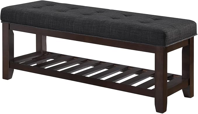 24KF Large Rectangular Upholstered Tufted Linen Ottoman Bench, Padded Bench with Solid Wood Shelf-Dark Gray