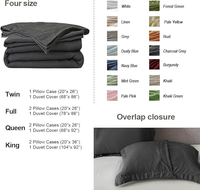 Simple&Opulence French Linen Duvet Cover Set 104"x 92"- 3 Pieces (1 Comforter Cover,2 Pillowcases)-Natural Flax Cotton Blend-Solid Color Breathable Farmhouse Bedding-Charcoal Grey, King